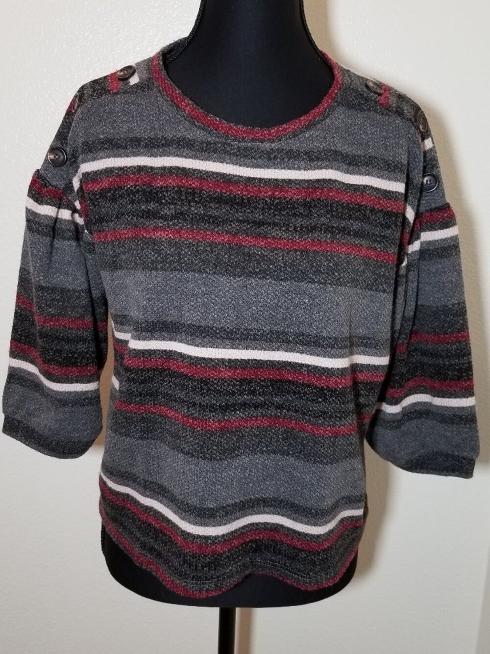 Modern Attraction Womens Small Gray Striped Puff Sleeve Top Retro Office City